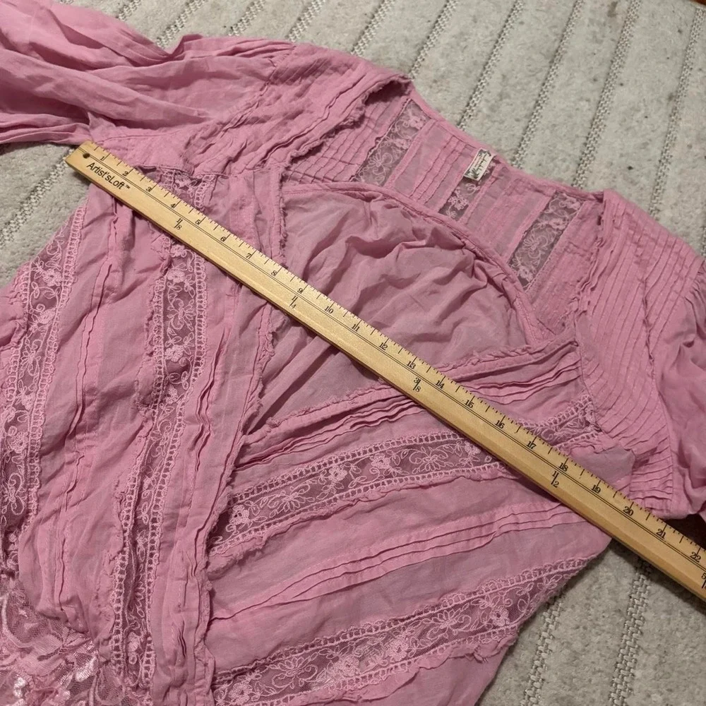 Free People Pink Smocked lace Bodysuit size XL Sage Boho Fairy Feminine Cottage
